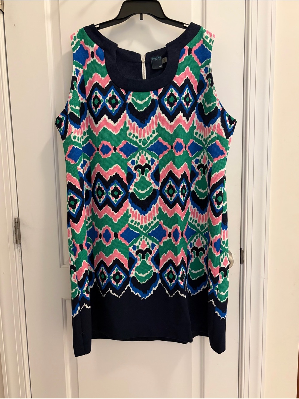 Gabby Skye Sleeveless Shift Dress in Navy, Green & Pink Ikat Print